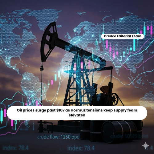 Oil prices surge past $107 as Hormuz tensions keep supply fears elevated